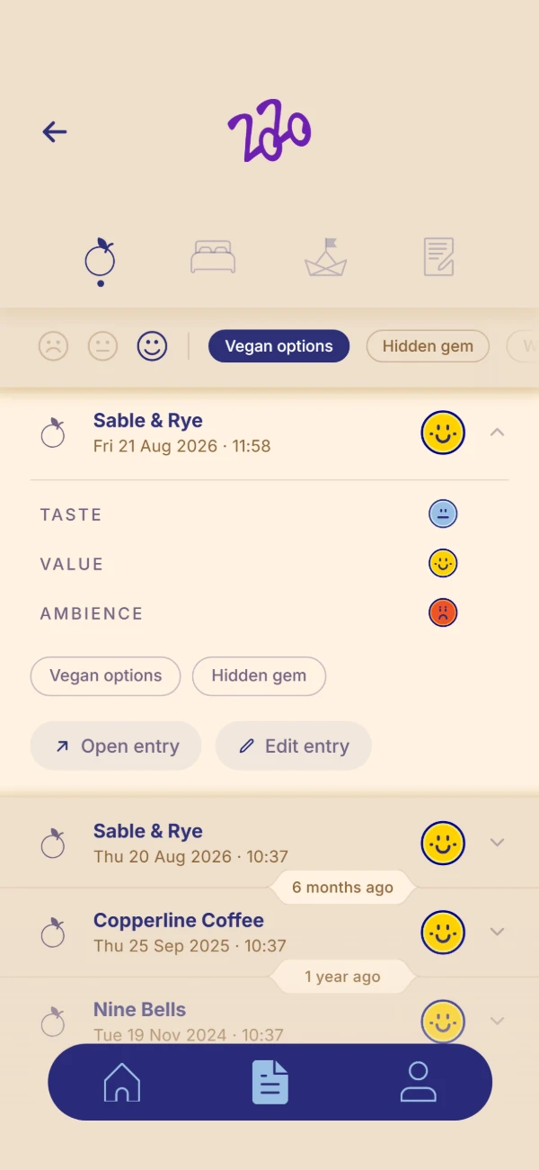 An entry opened out, filtered to happy food and drink tagged Vegan options